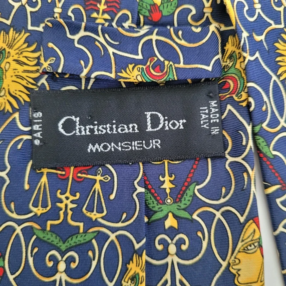 Christian Dior Monsieur Silk Tie Navy Blue Gold Mythological Motif Made in Italy